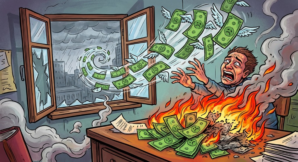Money flying out the window and burning